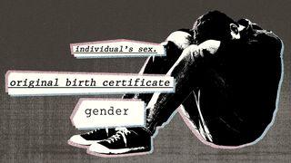 Photo illustration featuring a teenager with their knees drawn into their chest, their head hidden, and snippets of anti-trans bills.